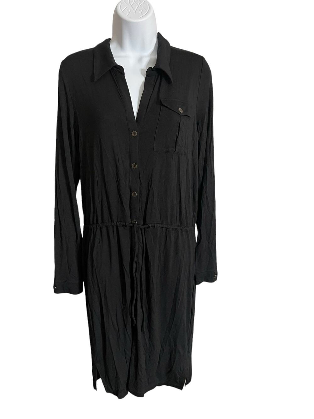 White + Warren long sleeve black shirt dress 1/2 button tie waist medium